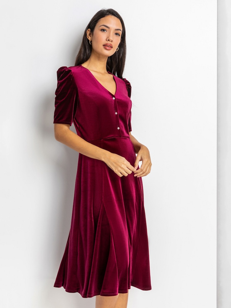 Roman Pink Velvet Button Detail Midi Dress - Image 1 of 4