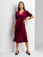 Roman Pink Velvet Button Detail Midi Dress - Image 3 of 4