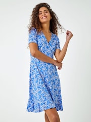 Roman Blue Floral Print Wrap Dress - Image 1 of 5