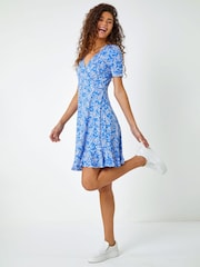 Roman Blue Floral Print Wrap Dress - Image 3 of 5