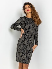 Roman Black Shimmer Paisley Velvet Shift Dress - Image 1 of 5