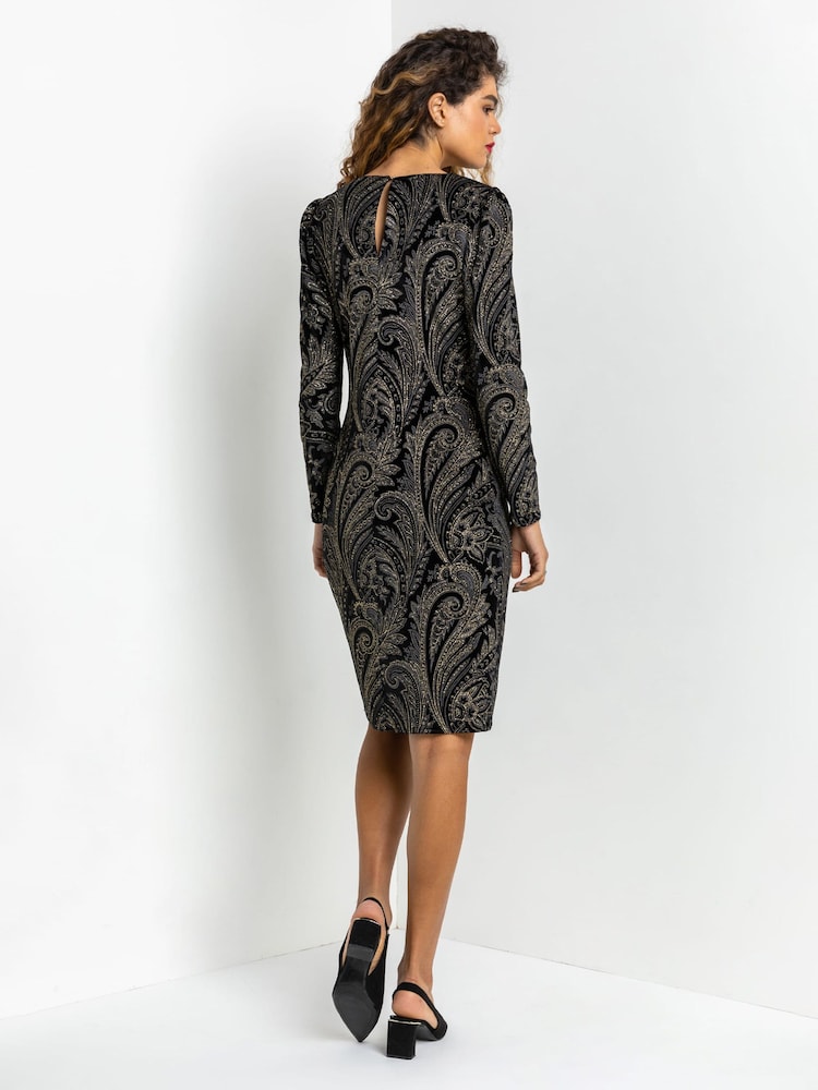 Roman Black Shimmer Paisley Velvet Shift Dress - Image 2 of 5