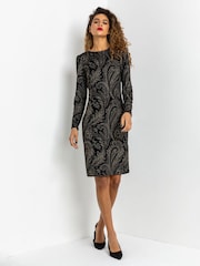 Roman Black Shimmer Paisley Velvet Shift Dress - Image 3 of 5
