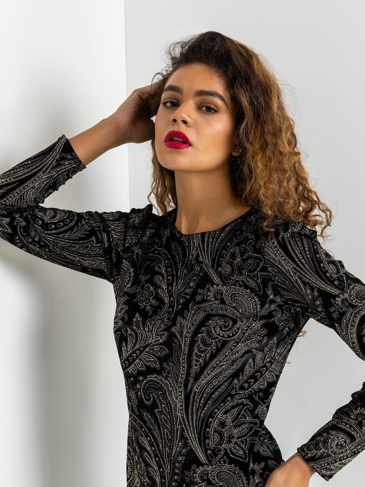 Roman Black Shimmer Paisley Velvet Shift Dress - Image 5 of 5