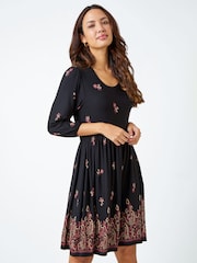 Roman Black Paisley Border Print Jersey Dress - Image 1 of 5