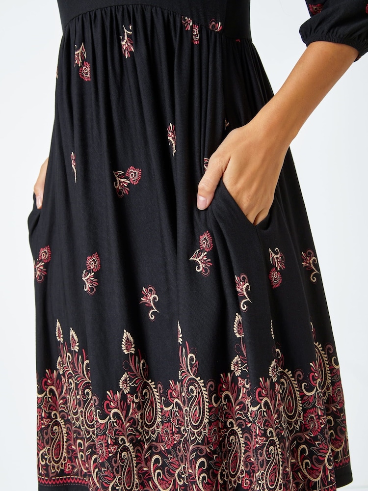 Roman Black Paisley Border Print Jersey Dress - Image 5 of 5