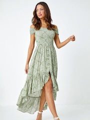Roman Printed Shirred Stretch Bardot Dress - Imagen 1 de 5