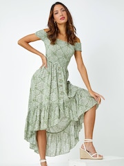 Roman Printed Shirred Stretch Bardot Dress - Imagen 4 de 5