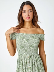 Roman Printed Shirred Stretch Bardot Dress - Imagen 5 de 5