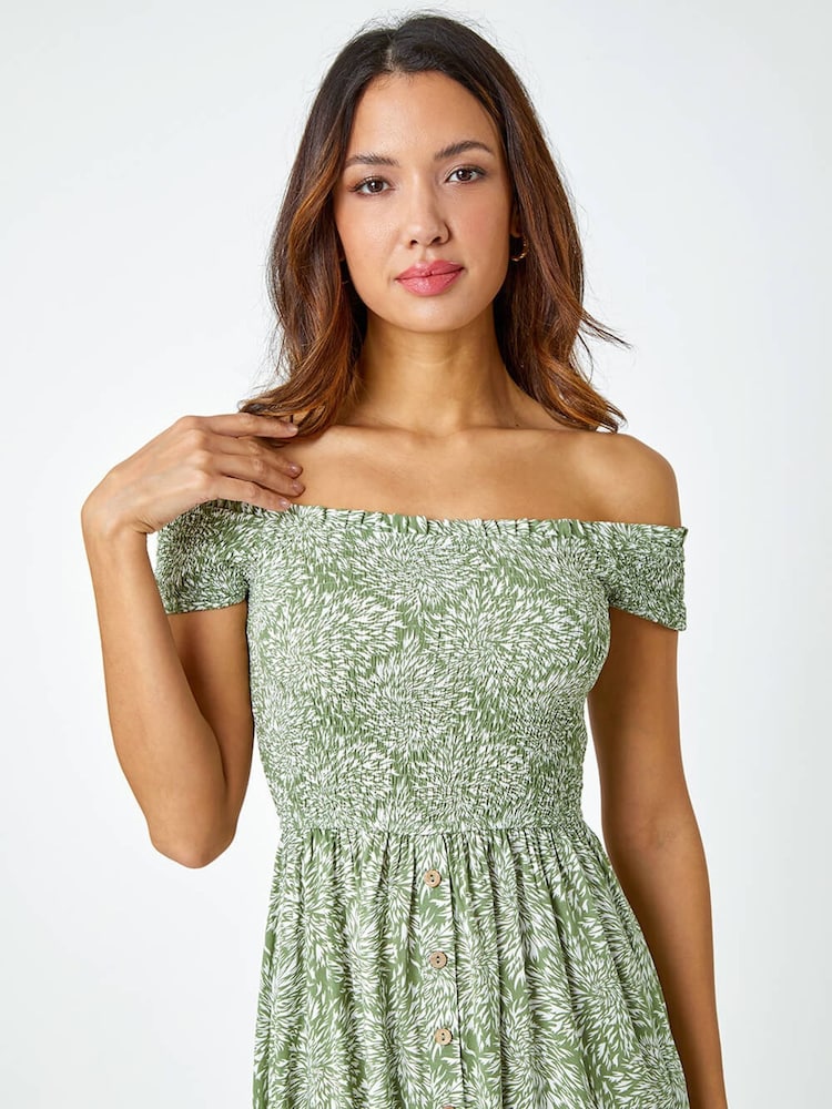 Roman Printed Shirred Stretch Bardot Dress - Imagen 5 de 5 Roman Printed Shirred Stretch Bardot Dress - Imagen 5 de 5