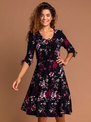 Roman Red Floral Print Gathe Dress - Image 1 of 4