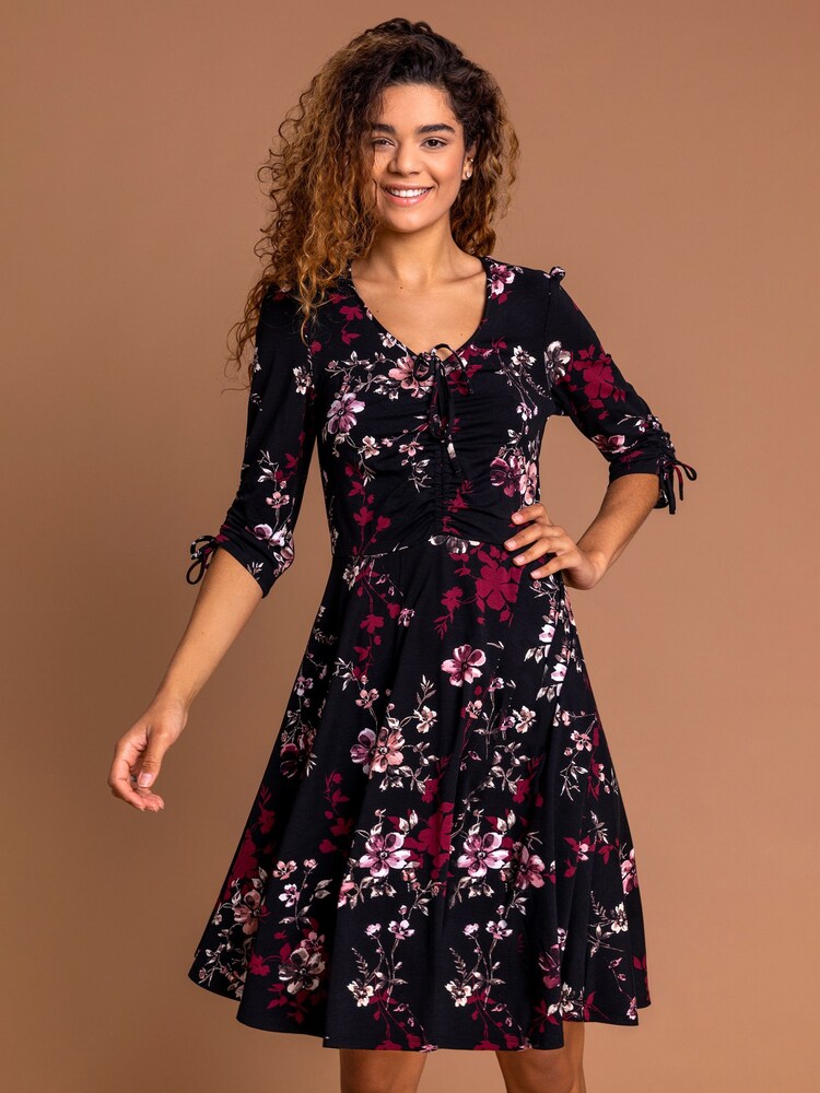 Roman Red Floral Print Gathe Dress - Image 1 of 4
