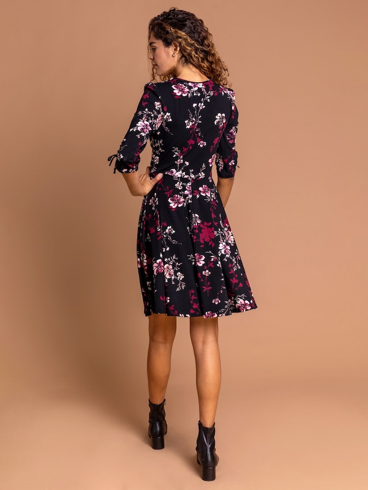 Roman Red Floral Print Gathe Dress - Image 2 of 4