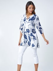 Roman Blue Floral Print Pleat Front Top - Image 2 of 5