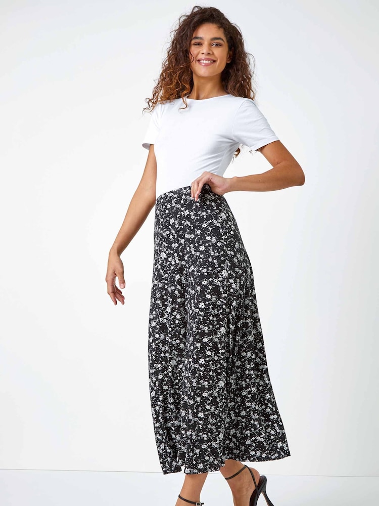 Roman Black & white Ditsy Floral Print Midi Skirt - Image 2 of 5