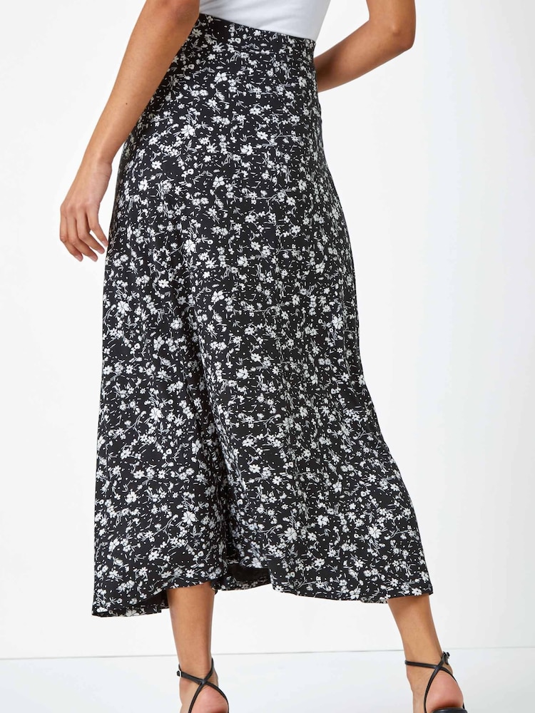 Roman Black & white Ditsy Floral Print Midi Skirt - Image 3 of 5