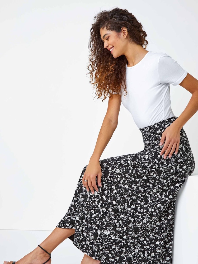 Roman Black & white Ditsy Floral Print Midi Skirt - Image 4 of 5