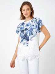 Roman Blue Floral Border Lace Trim Jersey Top - Image 1 of 5