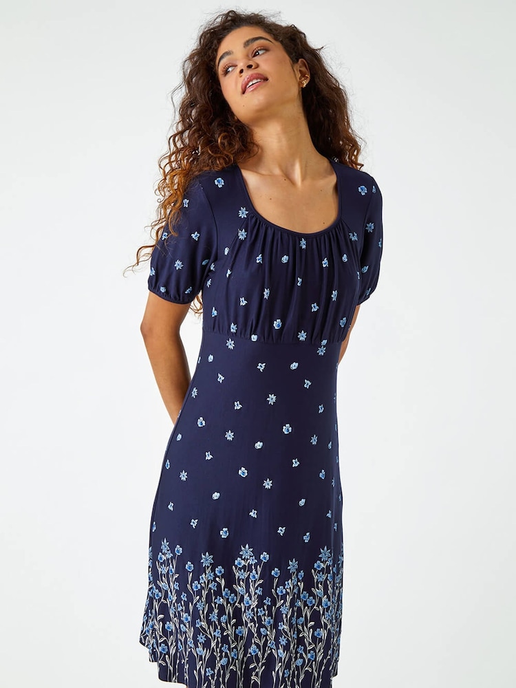 Roman Blue Border Print Floral Dress - Image 1 of 5