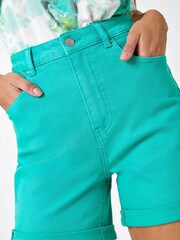 Roman Green Turn Up Denim Stretch Shorts - Image 5 of 5