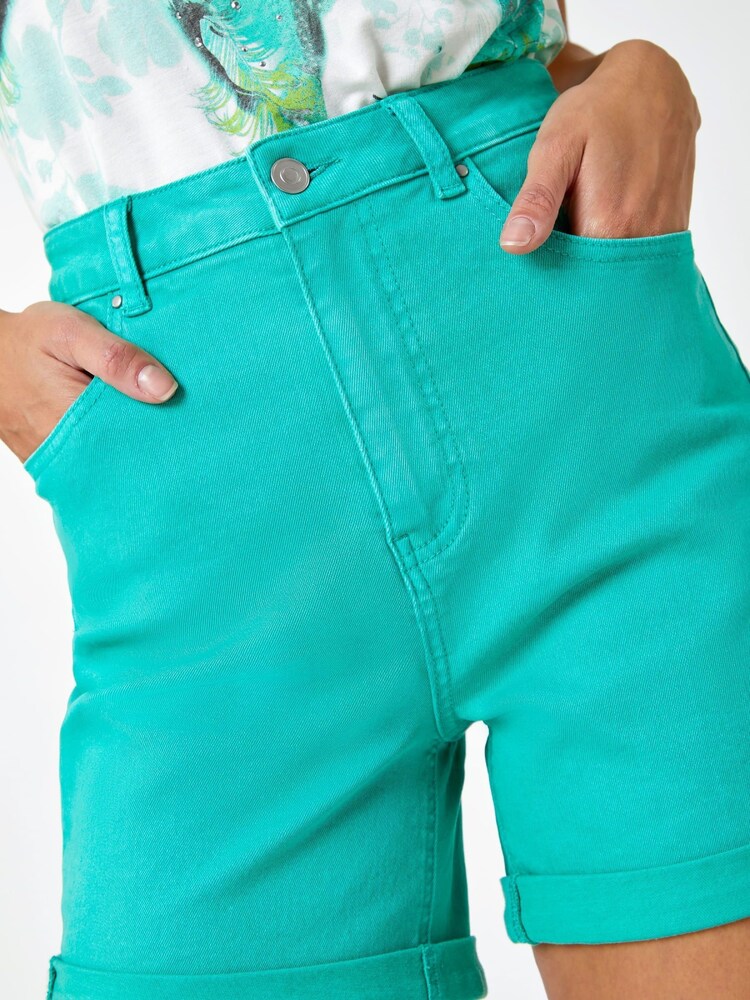 Roman Green Turn Up Denim Stretch Shorts - Image 5 of 5