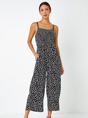 Roman Black White Polka Dot Print Stretch Jumpsuit - Image 1 of 5