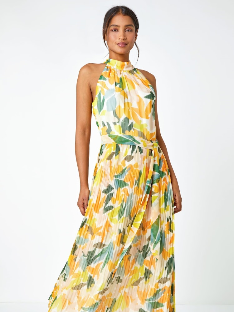 Roman Yellow Floral Halterneck Pleated Maxi Dress - Image 1 of 5