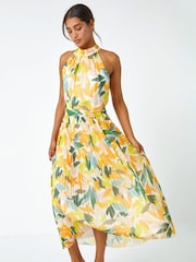 Roman Yellow Floral Halterneck Pleated Maxi Dress - Image 2 of 5