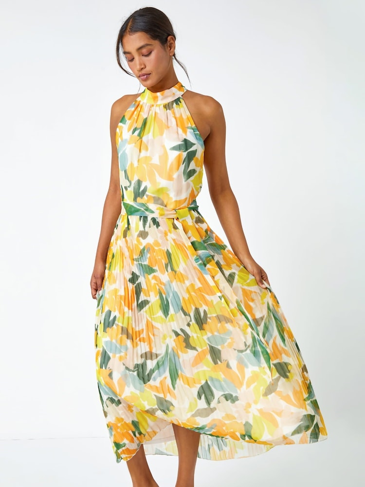 Roman Yellow Floral Halterneck Pleated Maxi Dress - Image 2 of 5