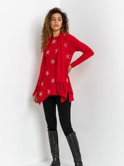 Roman Red Star Print Knitted Tunic with Tassel Scarf - Image 1 of 1