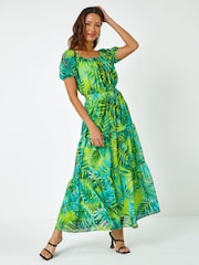 Roman Green Palm Print Tiered Maxi Dress - Image 1 of 5
