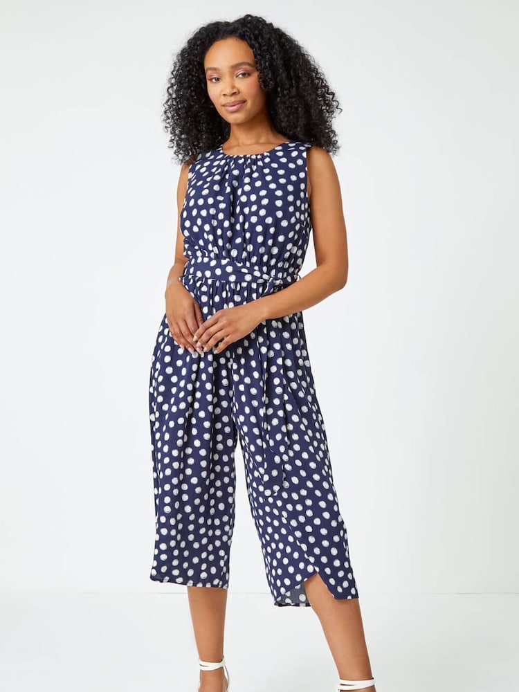 Roman Blue Petite Polka Dot Cropped Jumpsuit - Image 1 of 5