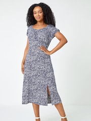Roman Blue Petite Leaf Print Midi Dress - Image 1 of 5