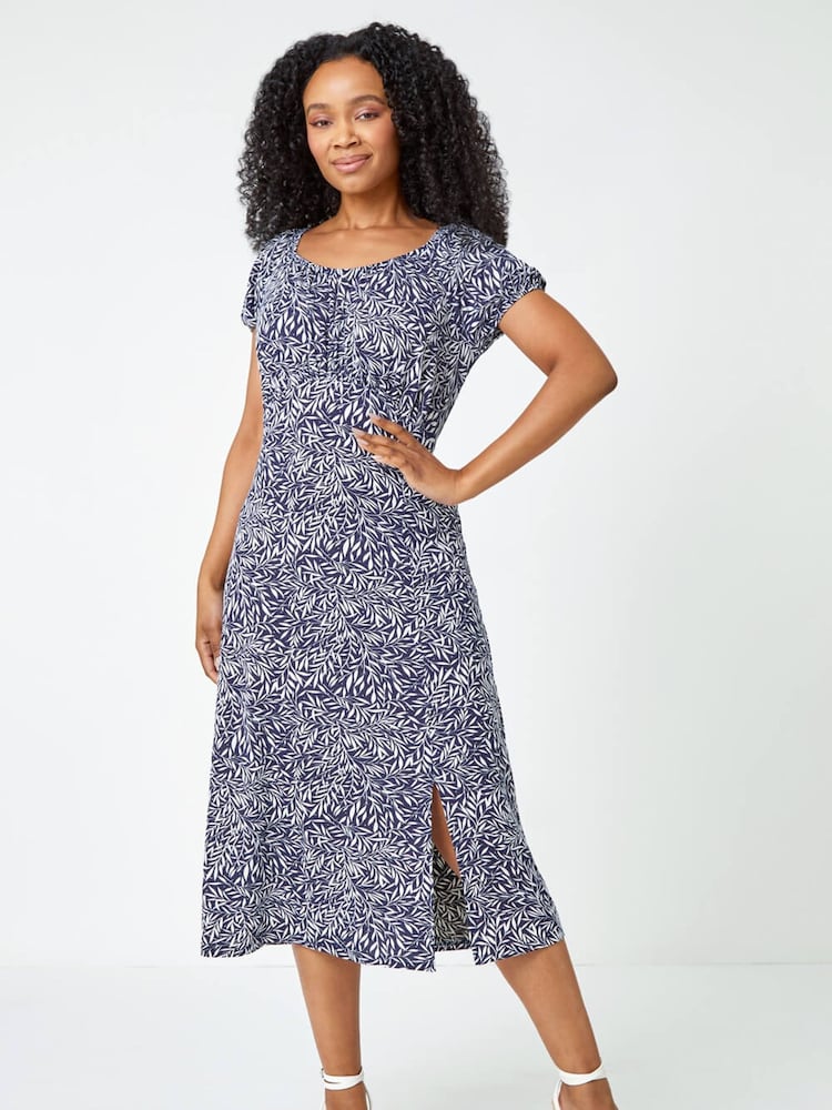Roman Blue Petite Leaf Print Midi Dress - Image 1 of 5