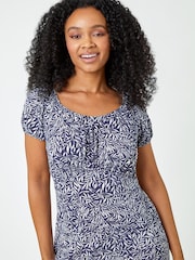 Roman Blue Petite Leaf Print Midi Dress - Image 4 of 5