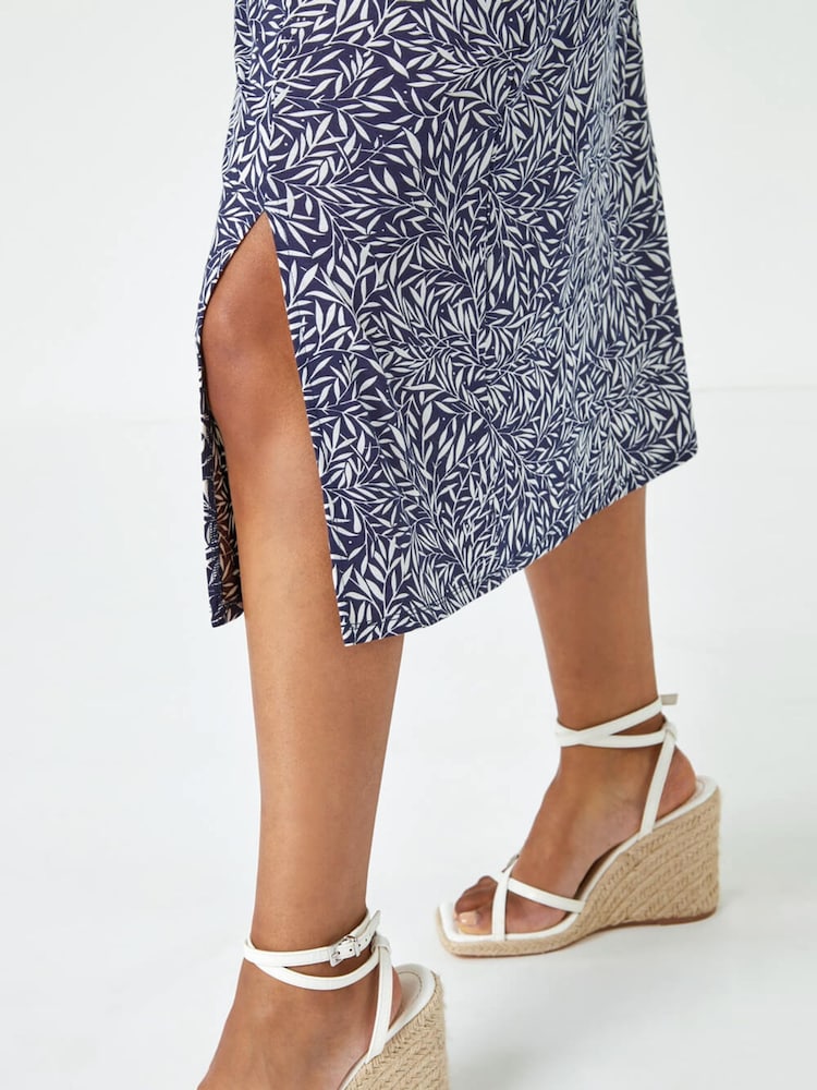 Roman Blue Petite Leaf Print Midi Dress - Image 5 of 5