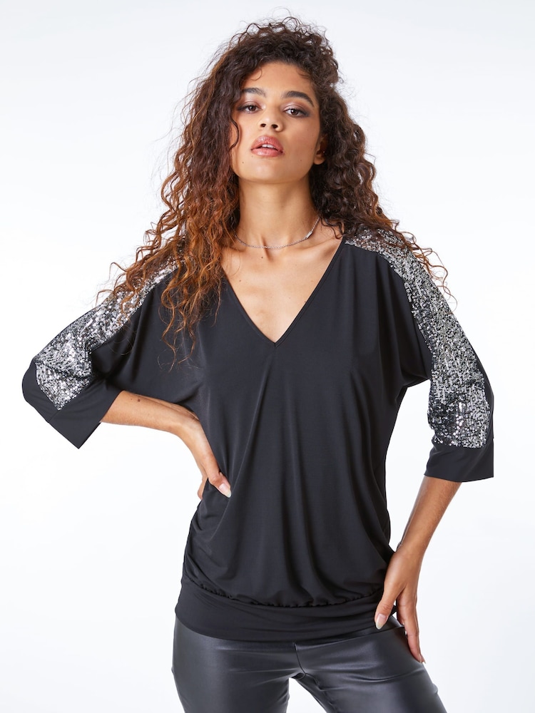 Roman Black Sequin Trim Wrap Top - Image 1 of 5