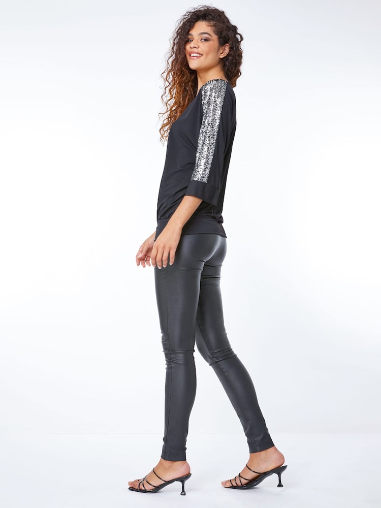 Roman Black Sequin Trim Wrap Top - Image 2 of 5