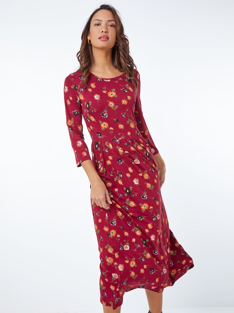 Roman Red Floral Print Pocket Detail Midi Dress - Image 1 of 5