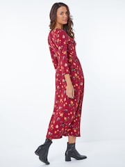 Roman Red Floral Print Pocket Detail Midi Dress - Image 2 of 5