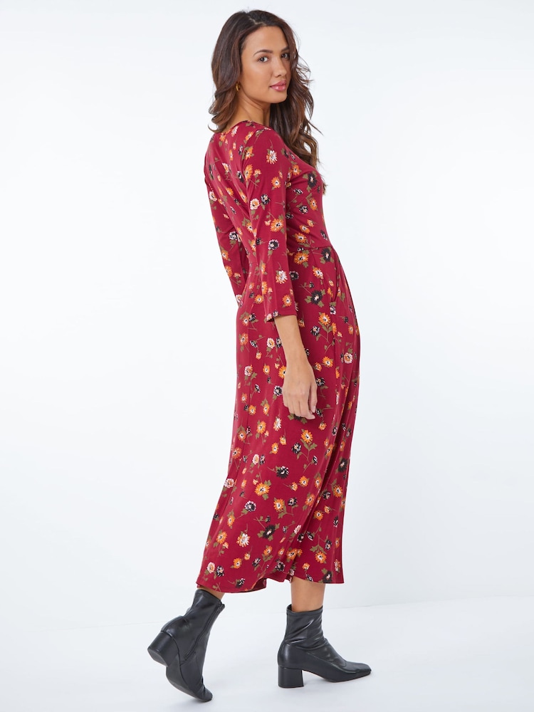 Roman Red Floral Print Pocket Detail Midi Dress - Image 2 of 5