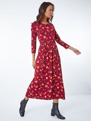 Roman Red Floral Print Pocket Detail Midi Dress - Image 3 of 5