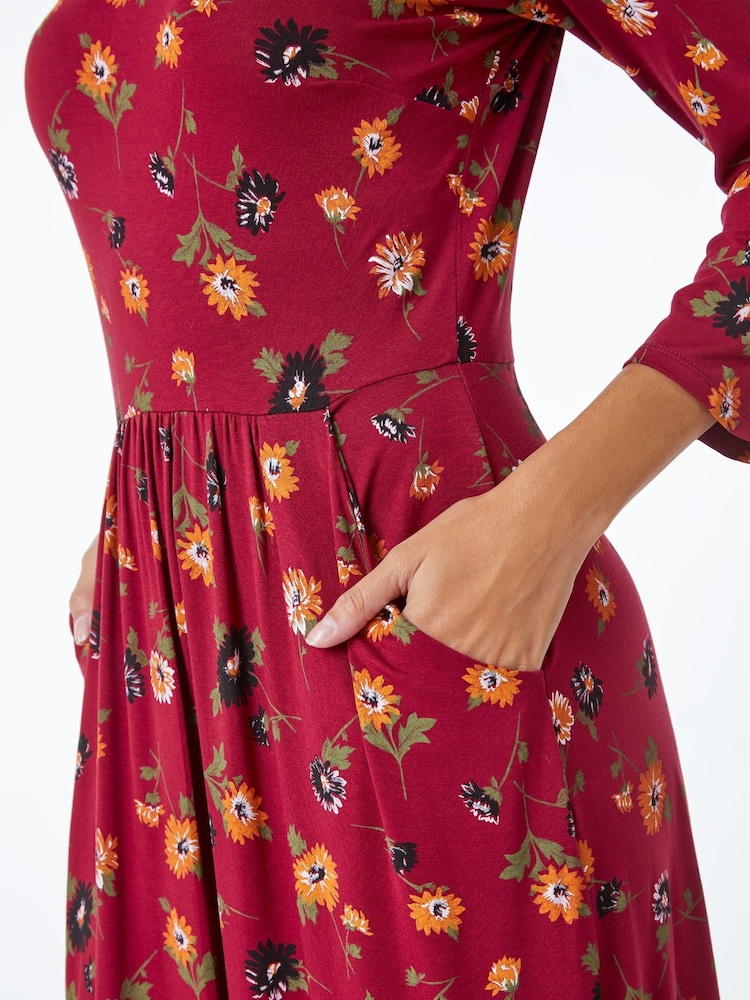Roman Red Floral Print Pocket Detail Midi Dress - Image 5 of 5
