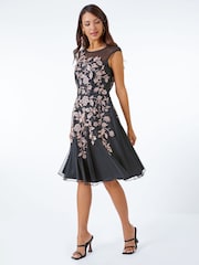 Roman Black Floral Embroidered Fit & Flare Dress - Image 2 of 5