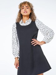 Roman Black Petite Spotted 2-In-1 Pinafore Dress - Image 1 of 5