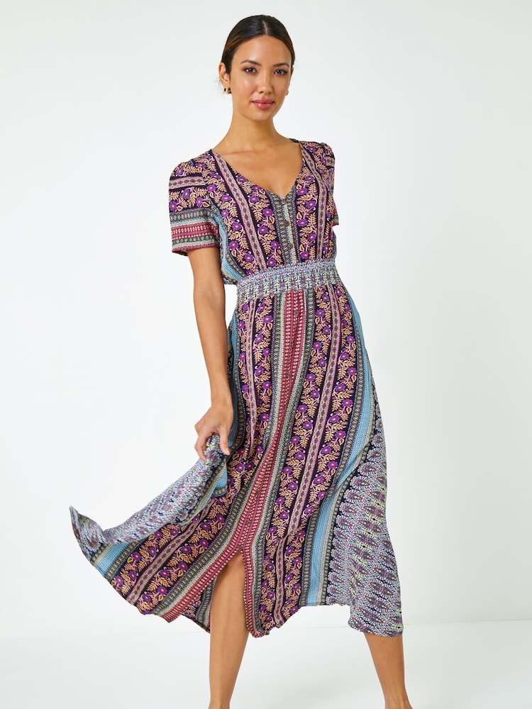 Roman Purple Floral Print Fit and Flare Maxi Dress - Image 1 of 5