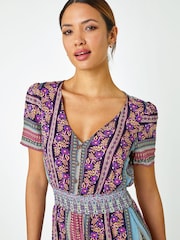 Roman Purple Floral Print Fit and Flare Maxi Dress - Image 4 of 5