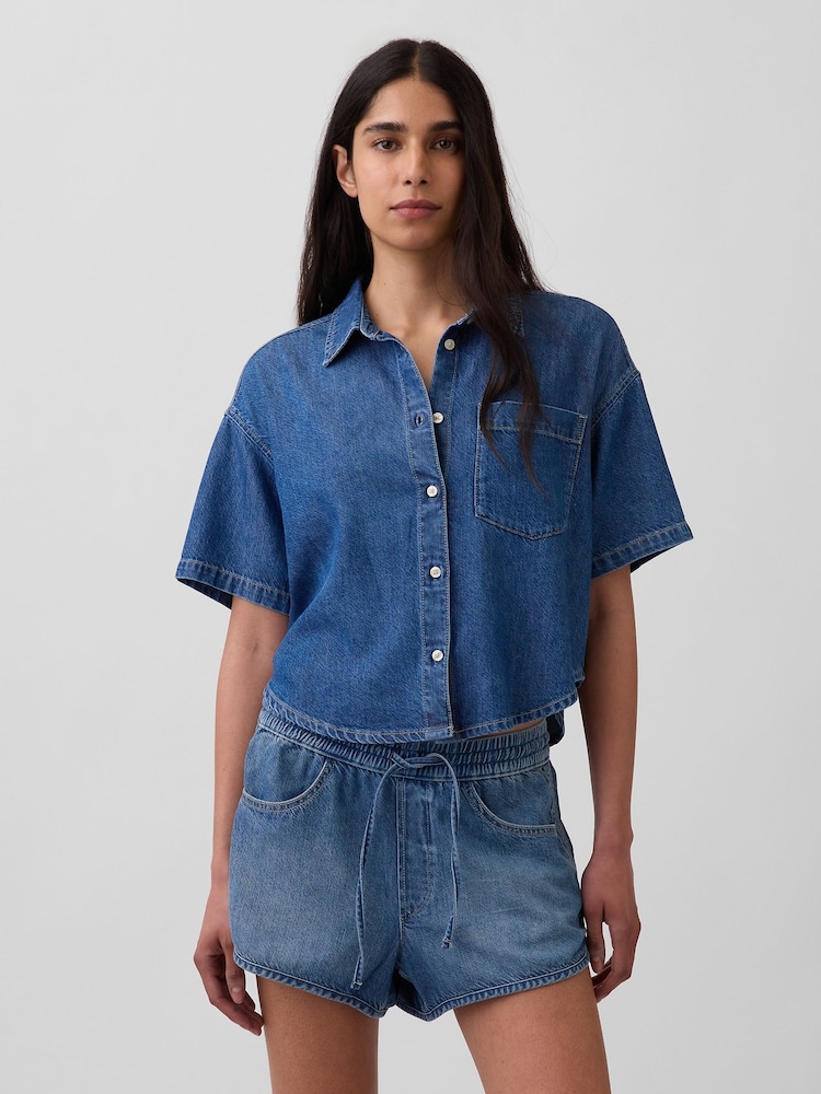 Gap Medium Wash UltraSoft Denim Oversized Short Sleeve Shirt - Image 1 of 4