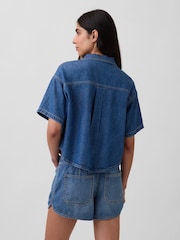 Gap Medium Wash UltraSoft Denim Oversized Short Sleeve Shirt - Image 2 of 4