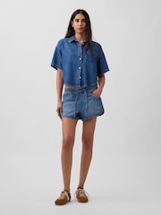 Gap Medium Wash UltraSoft Denim Oversized Short Sleeve Shirt - Image 3 of 4